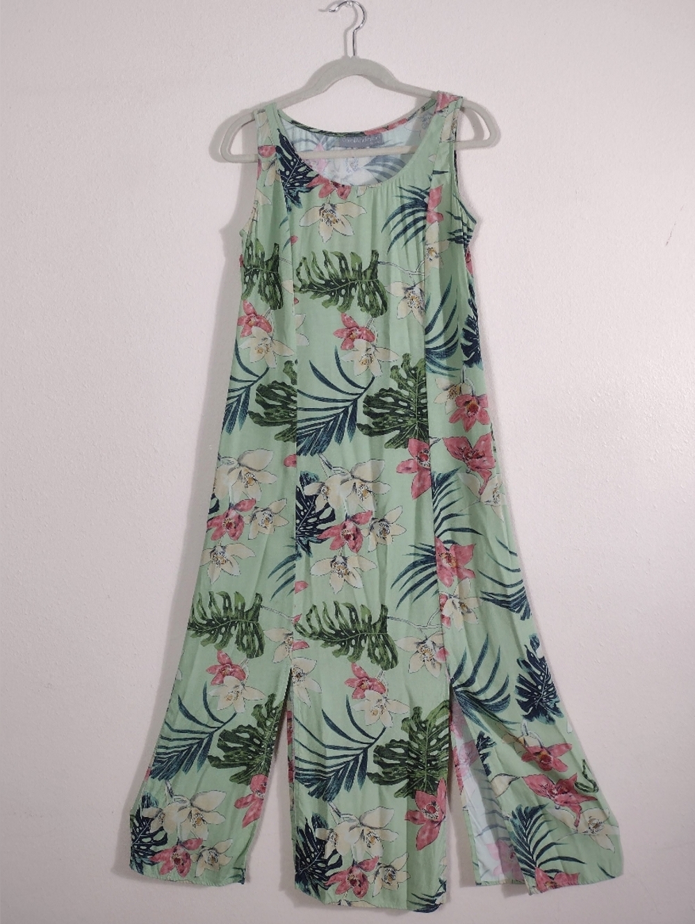 Vintage Carol Anderson Tropical Orchid Floral Flowy 4 Slit Hem Maxi Dress Green
